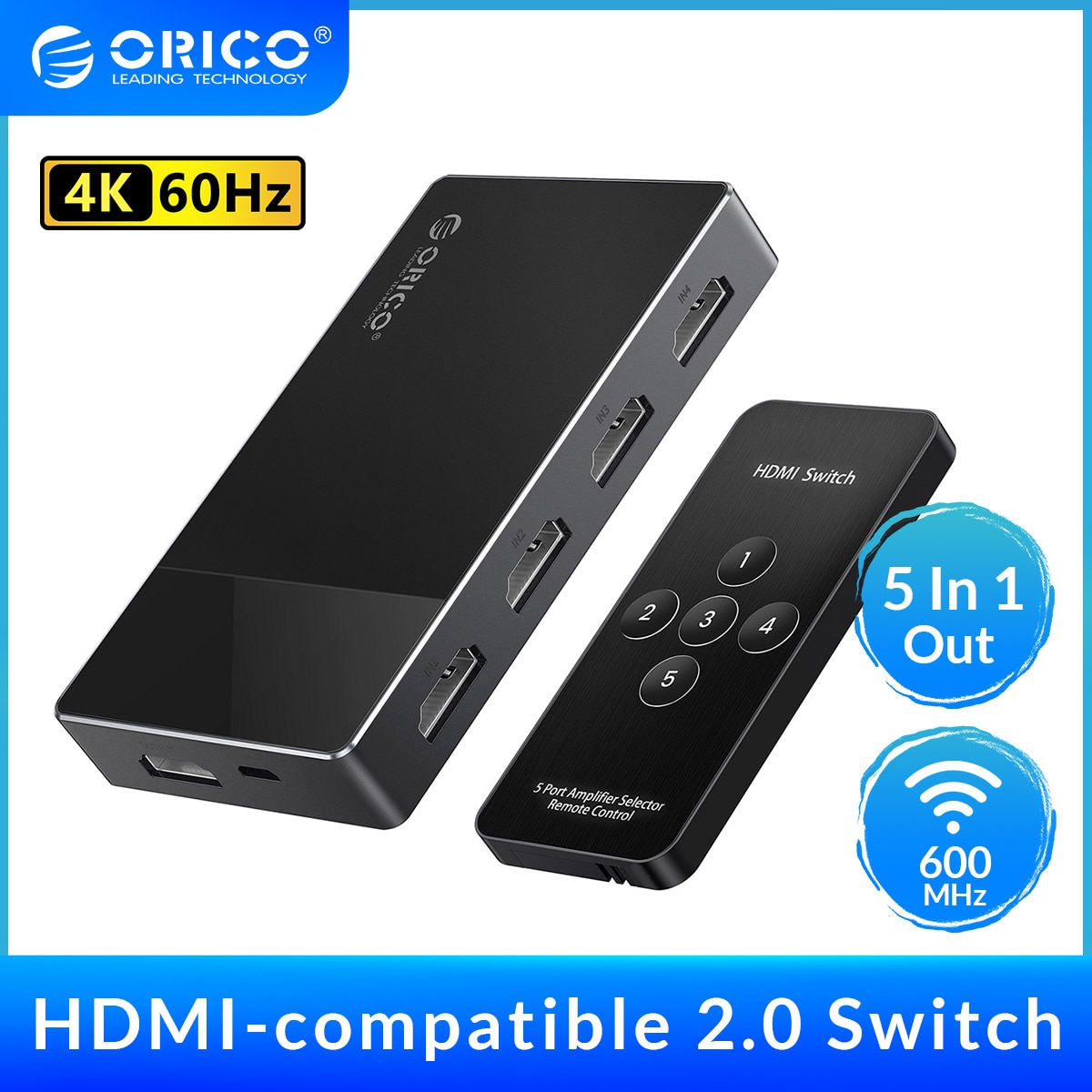 ORICO-5  1  HDMI ȣȯ 2.0 ġ 5 Ʈ ó, TV PS5 Xbox PC ̾ ƽ IR  ִ 4k @ 60hz 
